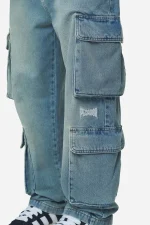 Romain Wide Denim Cargo Pants Washed Vintage Blue-2