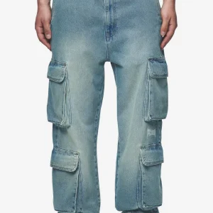 Romain Wide Denim Cargo Pants Washed Vintage Blue