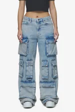 Celina High Waist Cargo Jeans Washed Pale Blue