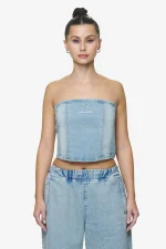 Miranda Denim Tube Top Washed Pale Blue Bleached Blue