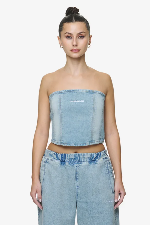 Miranda Denim Tube Top Washed Pale Blue Bleached Blue