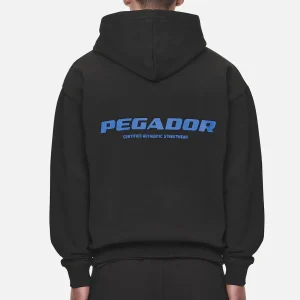 Pegador Colne Logo Oversized Washed Black Retro Blue Hoodie