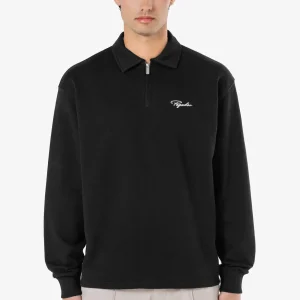 Signar Terry Polo Zip Longsleeve Washed Dark Stone Black