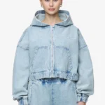 Zona Cropped Denim Zip Jacket Washed Pale Blue