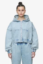 Zona Cropped Denim Zip Jacket Washed Pale Blue