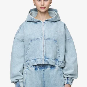 Zona Cropped Denim Zip Jacket Washed Pale Blue